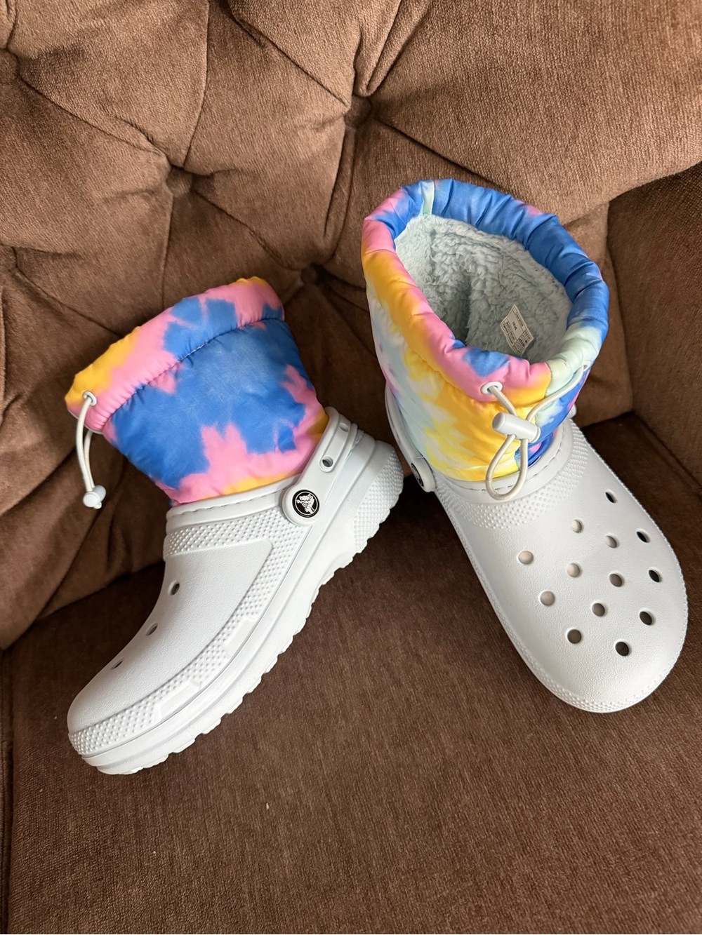 CROCS light blue Clog Boots with Tie-Dye Puffer Cuff